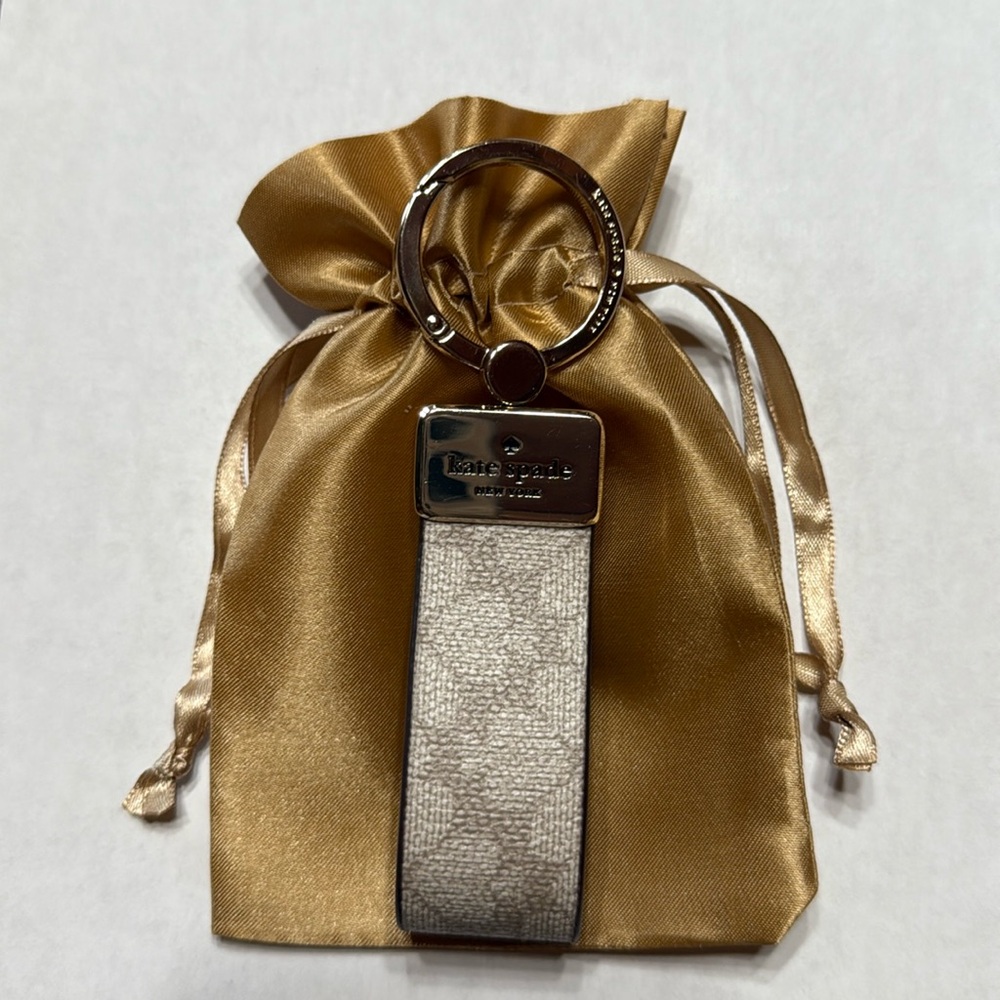 Kate Spade Tan and Cream Key Fob Bag Charm with Gold Metallic Accents